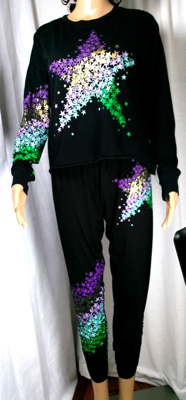 Lauren Moshi XS Black Star Print 100% Cotton Lounge Set Leggings Glam Athleisure
